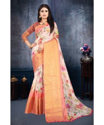 Peach Art Silk   Printed  Saree With Blouse For Women 1