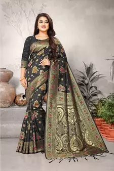 Black Art Silk   Woven Saree With Blouse For Women