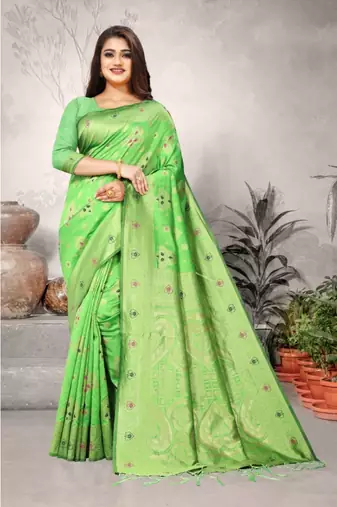 Light Green Art Silk   Woven Saree With Blouse For Women