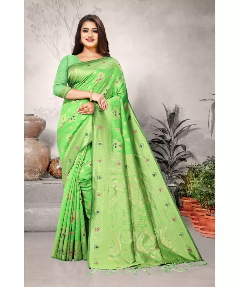 Light Green Art Silk   Woven Saree With Blouse For Women