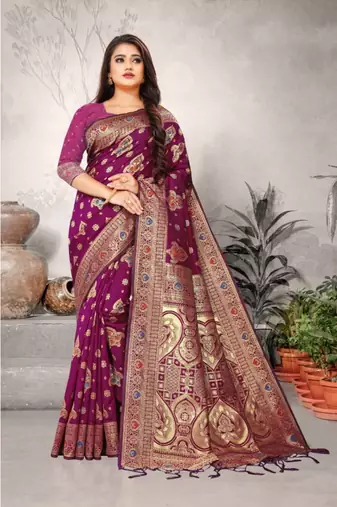 Magenta Art Silk   Woven Saree With Blouse For Women