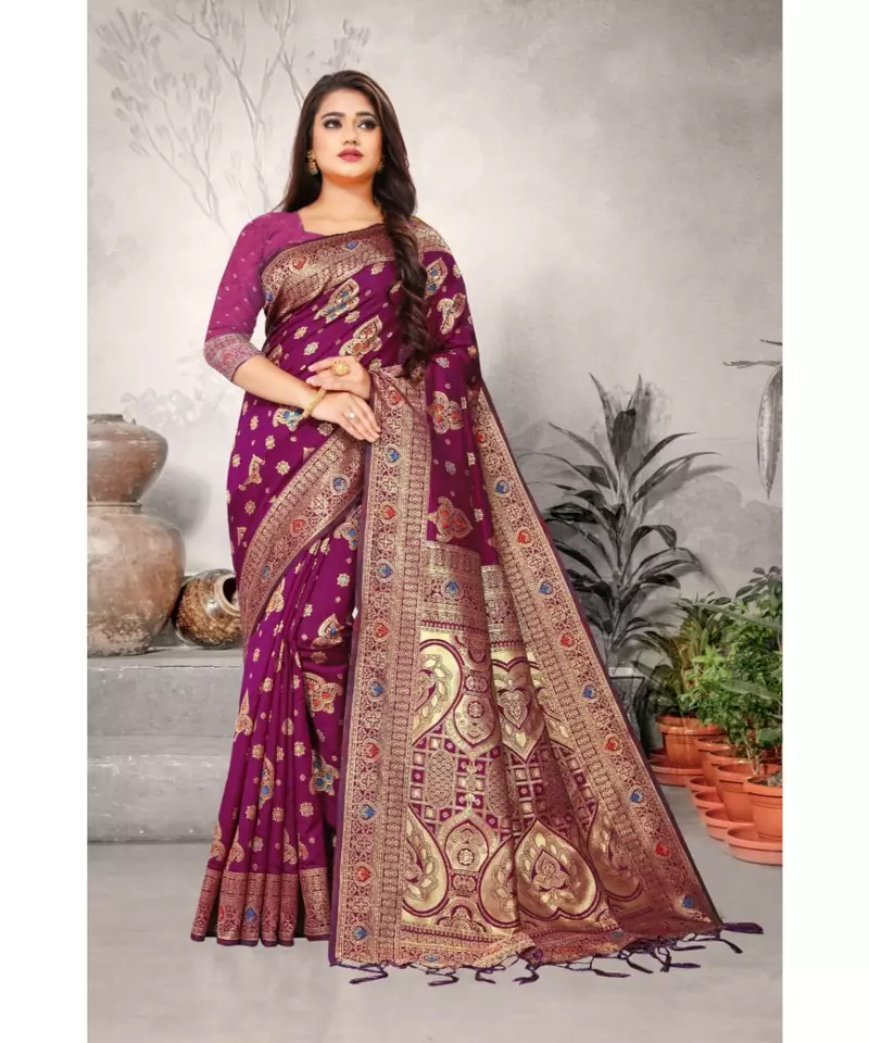 Magenta Art Silk   Woven Saree With Blouse For Women