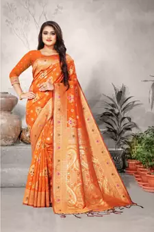 Orange Art Silk   Woven Saree With Blouse For Women