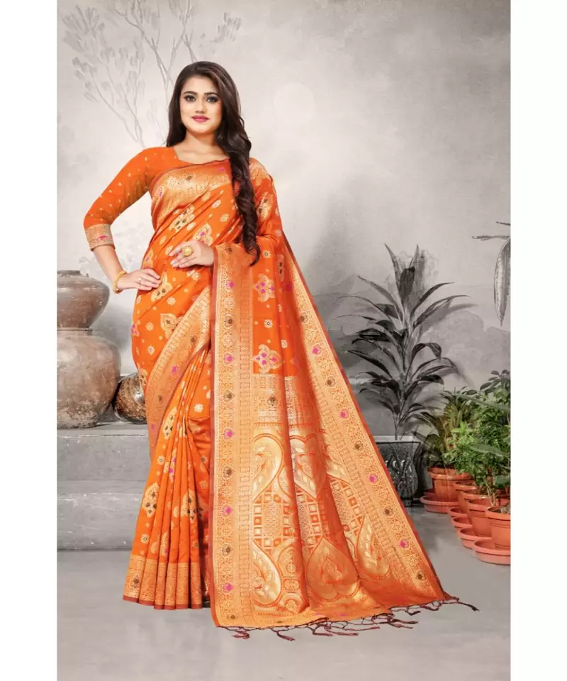 Orange Art Silk   Woven Saree With Blouse For Women