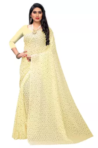 Cream Georgette    Embroidered   Saree With Blouse For Women