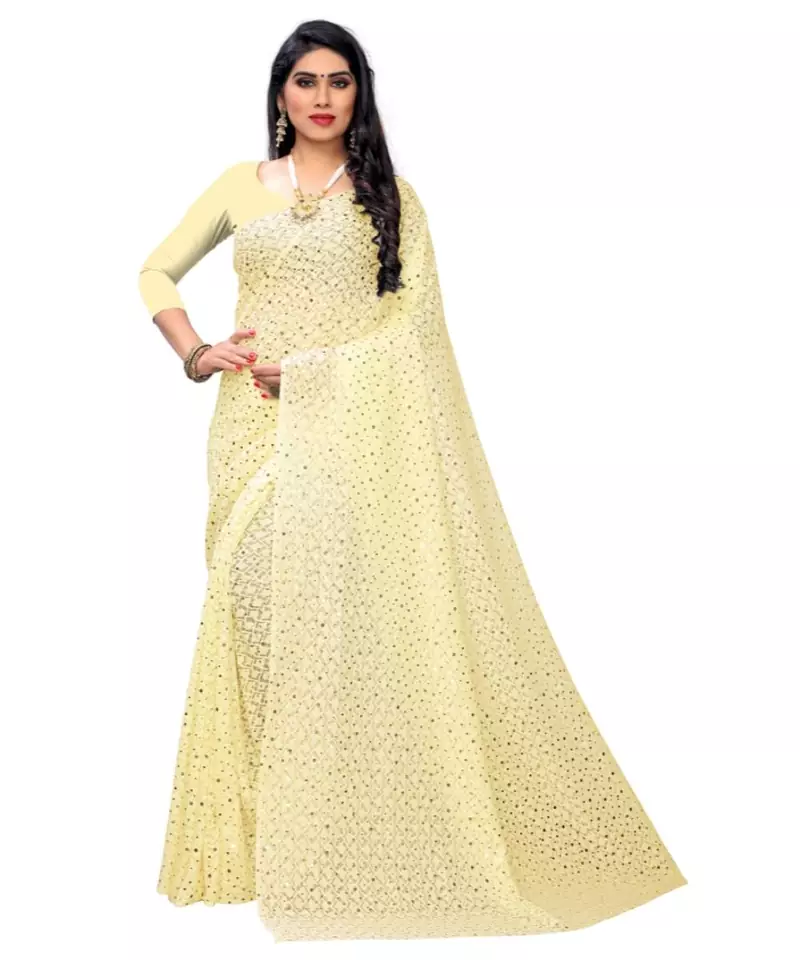 Cream Georgette    Embroidered   Saree With Blouse For Women