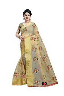 Beige Organza  Embroidered   Saree With Blouse For Women
