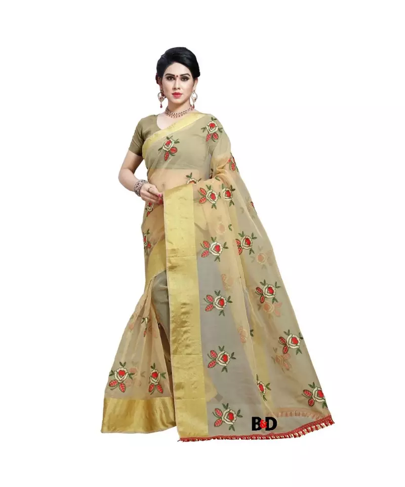 Beige Organza  Embroidered   Saree With Blouse For Women