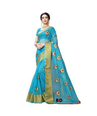 Blue Organza  Embroidered   Saree With Blouse For Women 1
