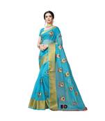 Blue Organza  Embroidered   Saree With Blouse For Women
