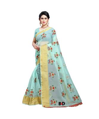 Sky Blue Organza  Embroidered   Saree With Blouse For Women 1