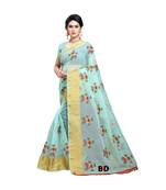 Sky Blue Organza  Embroidered   Saree With Blouse For Women