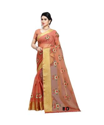Orange Organza  Embroidered   Saree With Blouse For Women 1