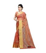 Orange Organza  Embroidered   Saree With Blouse For Women