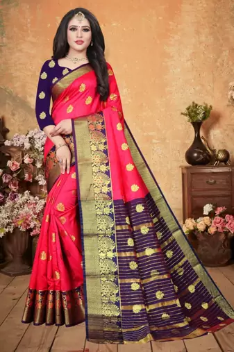 Pink Art Silk   Woven Saree With Blouse For Women