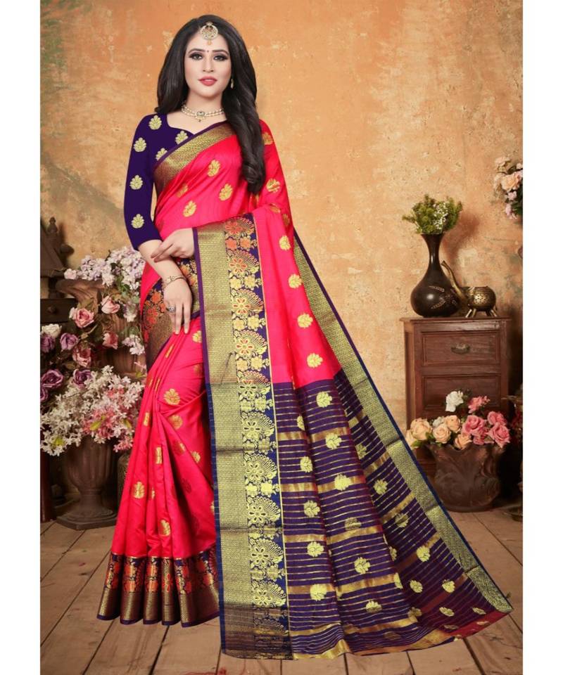 Pink Art Silk   Woven Saree With Blouse For Women