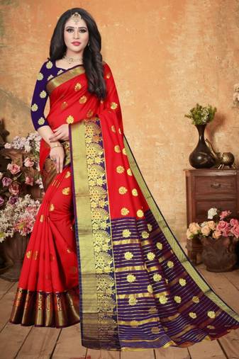 Red Art Silk   Woven Saree With Blouse For Women