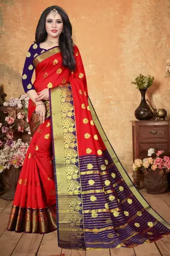 Red Art Silk   Woven Saree With Blouse For Women
