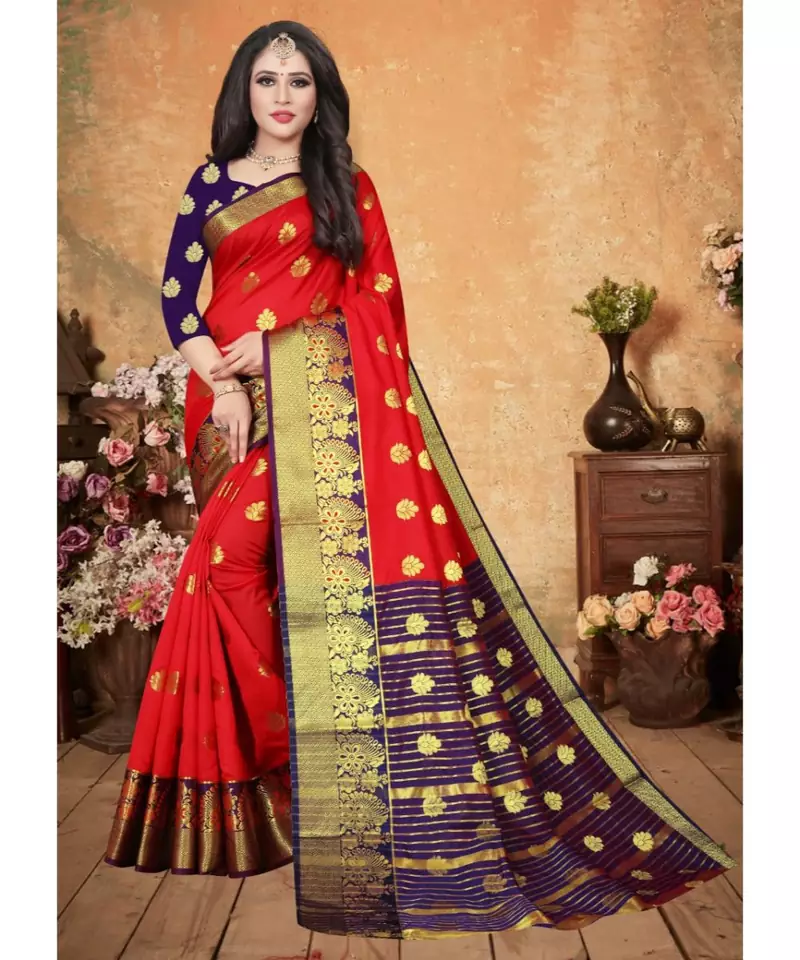 Red Art Silk   Woven Saree With Blouse For Women