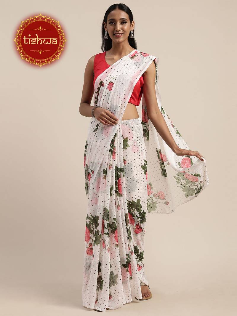 Women's Georgette Off White Embellished Designer Saree With Blouse Piece