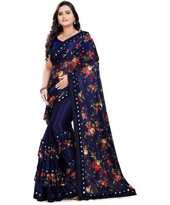 Blue Art Silk   Printed  Saree With Blouse For Women 1