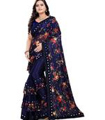 Blue Art Silk   Printed  Saree With Blouse For Women