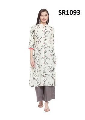 Cream Printed Cotton Band / Mandarin / Chinese Collar kurti 1