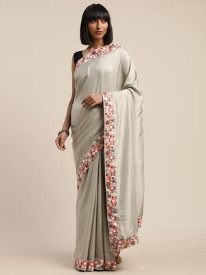 Grey embroidered satin saree with blouse 1