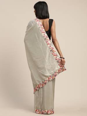 Grey embroidered satin saree with blouse 2