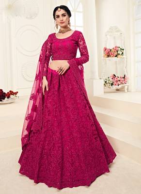 Pink embroidered net semi stitched lehenga 1