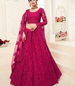 Pink embroidered net semi stitched lehenga