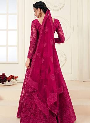 Pink embroidered net semi stitched lehenga 2