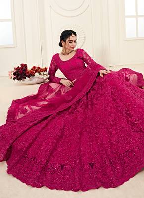 Pink embroidered net semi stitched lehenga 3
