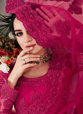 Pink embroidered net semi stitched lehenga 4