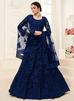 Blue embroidered net semi stitched lehenga 1