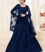 Blue embroidered net semi stitched lehenga