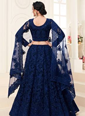 Blue embroidered net semi stitched lehenga 2