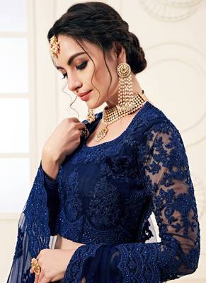 Blue embroidered net semi stitched lehenga 3