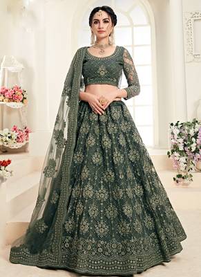 Green embroidered net semi stitched lehenga 1