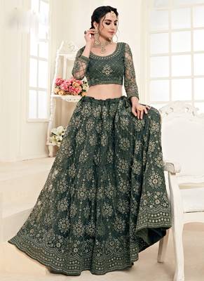 Green embroidered net semi stitched lehenga 2