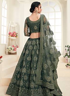 Green embroidered net semi stitched lehenga 3
