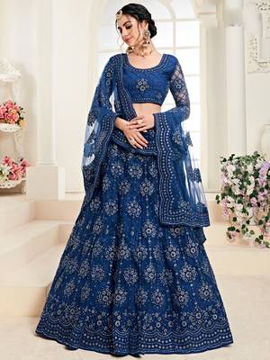 Blue embroidered net semi stitched lehenga 1