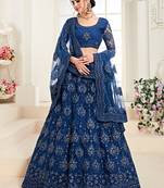 Blue embroidered net semi stitched lehenga
