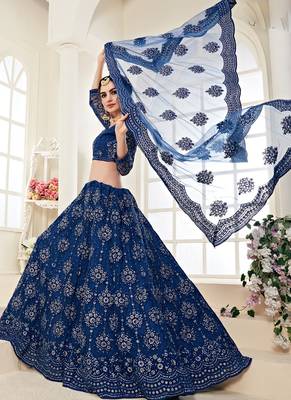 Blue embroidered net semi stitched lehenga 3