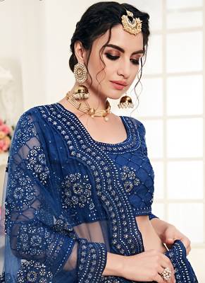 Blue embroidered net semi stitched lehenga 4