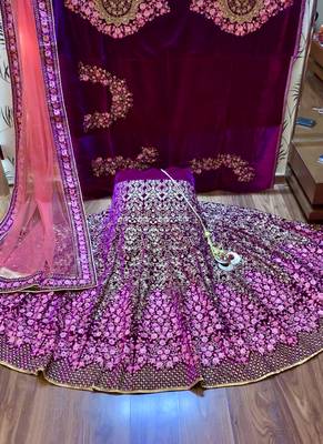 Purple embroidered velvet semi stitched lehenga 1