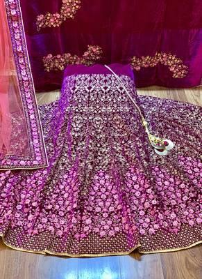 Purple embroidered velvet semi stitched lehenga 2