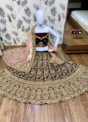 Maroon embroidered velvet semi stitched lehenga 1