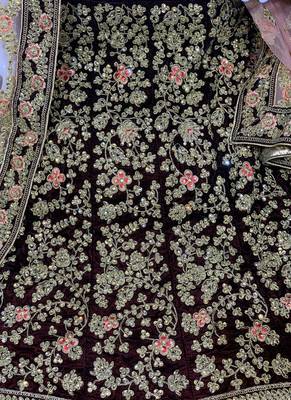 Maroon embroidered velvet semi stitched lehenga 3