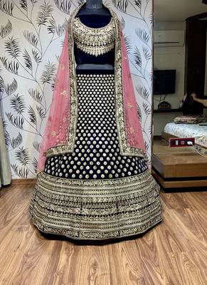 Blue embroidered velvet semi stitched lehenga 1